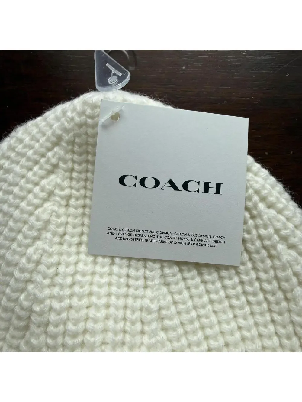 Coach White Knit Beanie Hat with Logo Patch - Picture 3 of 5